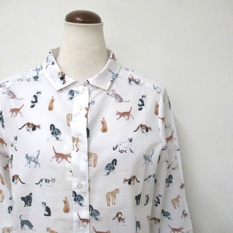 Parkes  ネコプリントシャツ/OWH1 【日本製】